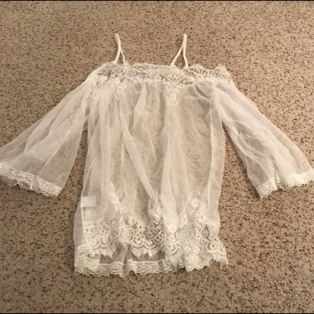 White sheer lace off the shoulder swimsuit coverup